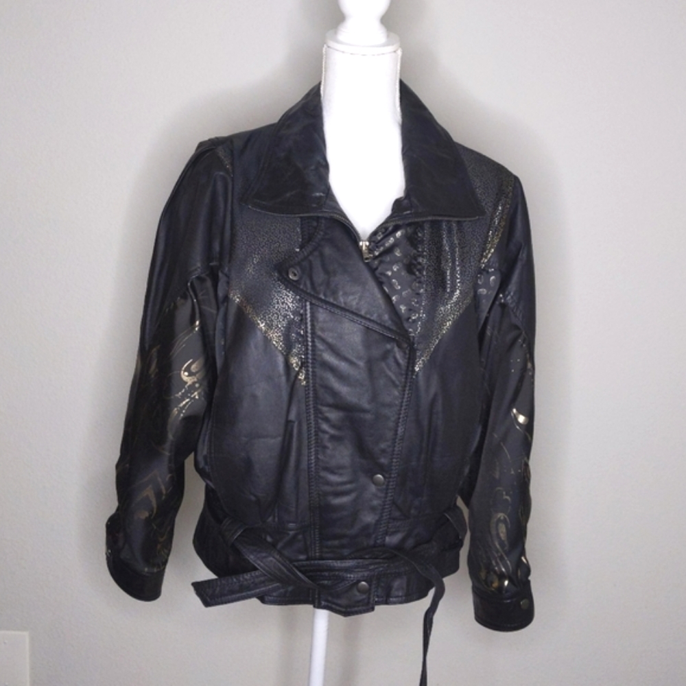 Vintage 80s LA Studio Black Leather Jacket Women’s Medium | Gold Print Waist Tie